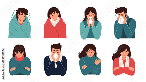 Array of people suffering from various seasonal illnesses like cold and flu symptoms including sneezing, shivering, and feeling unwell.