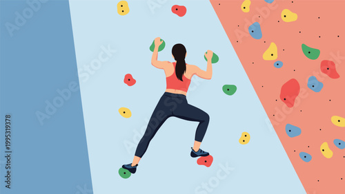 Female climber scales an indoor rock climbing wall with many colorful handholds and footholds in this active fitness illustration.