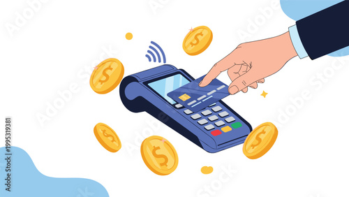 Human hand using a blue credit card on a mobile POS payment terminal for a contactless transaction with gold coins flying around.