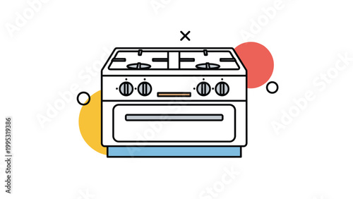 Modern white gas stove with an oven and four burners is depicted in a minimalist style against a background of colorful abstract circles.