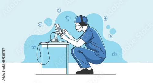 Blue medical professional, healthcare worker, squatting, using phone, vector illustration, medical, healthcare, blue uniform, communication, technology, medicine