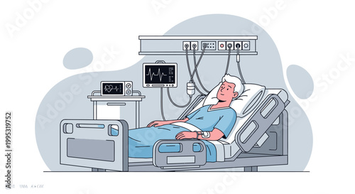 Hospital bed, patient care, medical equipment, healthcare vector illustration, blue theme