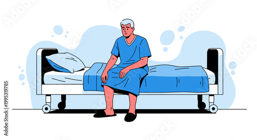 Elderly patient sitting on hospital bed, blue medical gown, healthcare illustration, medical vector, senior care