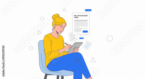 Woman using tablet, sitting on chair, yellow outfit, blue chair, vector illustration, modern design, digital device, casual wear, colorful graphics, web development