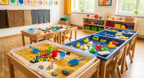 Preschool classroom with sensory tables filled with toys, crafts, and educational materials for children's development.