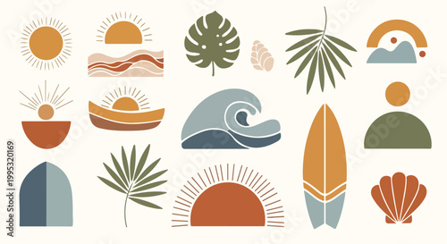 Boho tropical icons, beachy vector graphics, surf illustrations, bohemian sun symbols