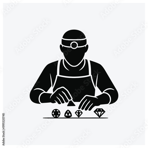 Silhouette of a miner or gem collector finding diamonds and precious stones.