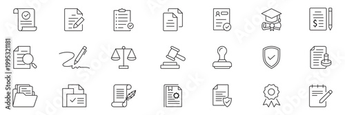 Legal Document icon set. Editable Stroke Icon Collection. Legal Icons Set. Outline icon set of legal documentation and ethics: contract icon, signature pen, affidavit, certificate and More.