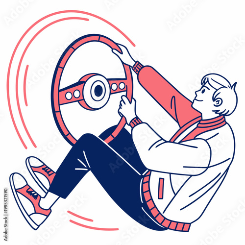 Young man driving invisible car with enthusiasm.