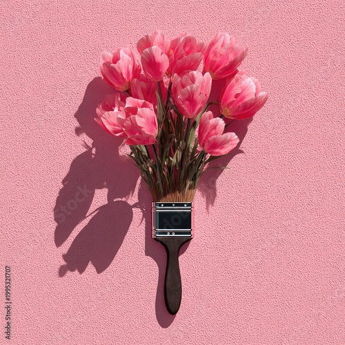 Pink tulips sprout from a paintbrush on textured pink