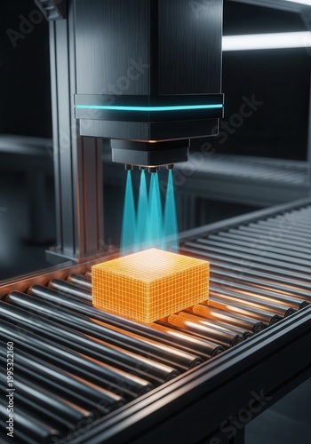 Automated industrial machine processes a glowing package on a metal conveyor belt.