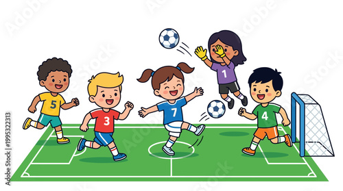 Children playing soccer on green field with white lines, kids kicking balls in action, cartoon style sports scene with goal net, youthful energetic teamwork