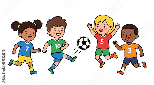 Children playing soccer, kids in colorful uniforms running and kicking ball in cartoon style, youthful energy and sportsmanship on display in fun team game