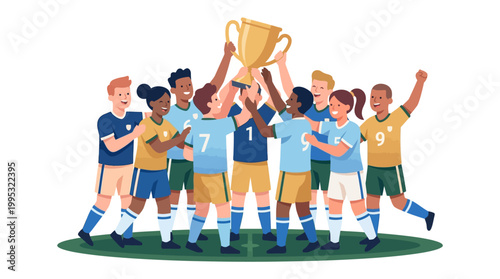 Diverse group of happy young men and women in soccer uniforms celebrating with trophy, victorious team, sportsmanship, achievement, cartoon style, teamwork, unity, excitement, triumph
