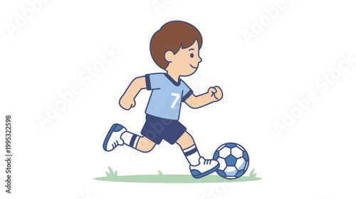 Young boy in blue jersey kicking soccer ball in cartoon style on green grass field in daytime