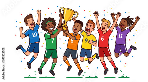 Diverse group of happy young soccer players celebrating victory with trophy in cartoon style on white background with confetti