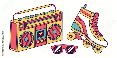 A colorful vector graphic illustration of a boombox, roller skate, and sunglasses