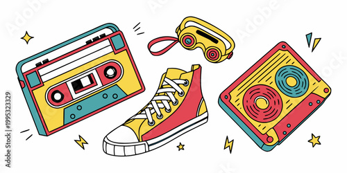 A colorful vector graphic illustration of a cassette tape, vinyl record, camera, and sneaker with a fun and playful design