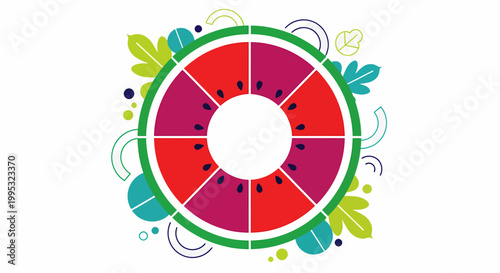Stylized graphic art of a segmented fruit, possibly a watermelon or kiwi, surrounded by decorative leaves and abstract shapes on a white background.