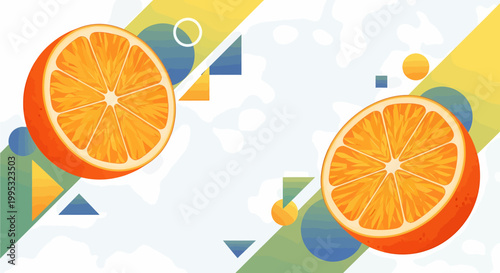 Two halves of a vibrant orange fruit on a light blue background with abstract geometric shapes and colorful diagonal blocks, creating a fresh and modern design.