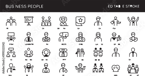 A Comprehensive Set of 30 Minimalist Line Art Icons Representing Various Business Professionals and Workplace Scenarios