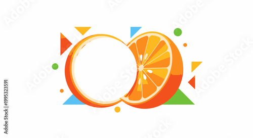 Vibrant graphic illustration of a halved orange, with one side a full slice and the other an empty circle, surrounded by colorful geometric shapes.