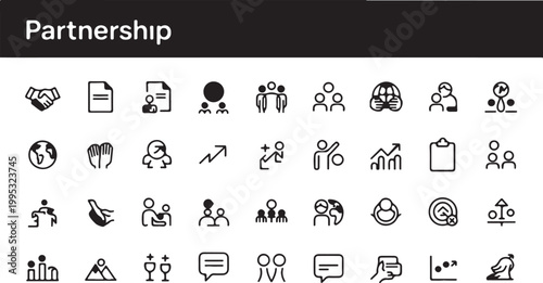 A Collection of Minimalist Icons Representing Business Concepts, Partnership, Teamwork, and Global Connections