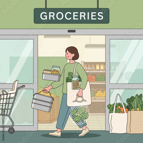 A conscientious shopper exits a grocery store with reusable bags and containers, embracing a sustainable lifestyle by reducing waste and choosing eco-friendly options