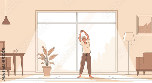 Person stretching in a brightly lit room with furniture and plants, representing a healthy lifestyle and home exercise