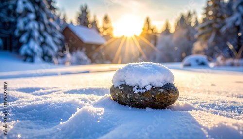 Winter scene featuring a stone blanketed in fresh snow