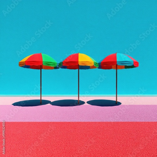 Beach scene Three colorful umbrellas on vivid sand