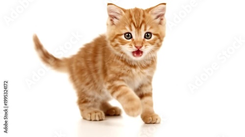 Cute orange kitten walking towards camera with tongue out