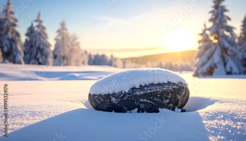Winter scene featuring a stone blanketed in fresh snow