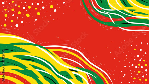 Abstract waves of green and yellow sweep across a bold red backdrop.