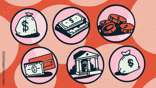Finance icons represent banking services and monetary transactions in a flat design style.
