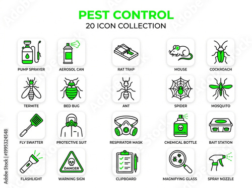 Set of twenty minimalist pest control icons featuring common insects, rodents, specialized extermination equipment, and safety gear for professional sanitation services