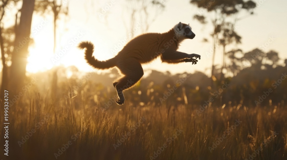 Fototapeta premium Lemur Leaping in Golden Sunset over Lush Natural Landscape