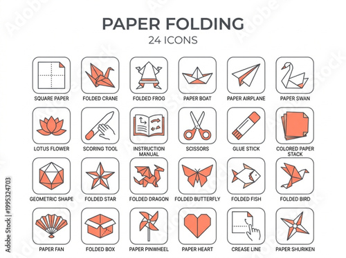 Set of twenty-four minimalist origami and paper folding icons featuring various folded animals, geometric shapes, and crafting tools for creative hobby and educational design