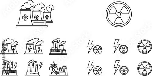 Nuclear energy icons set with radiation symbols power plants electricity industry minimal outline vector collection design