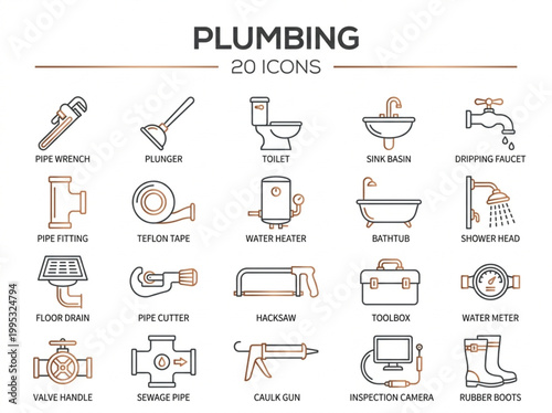 Comprehensive collection of twenty minimalist plumbing and home repair icons featuring professional tools, bathroom fixtures, and maintenance equipment for industrial or domestic service branding