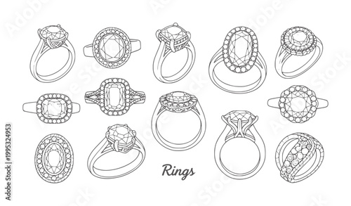 Collection of hand drawn diamond engagement rings with various gemstone cuts jewelry