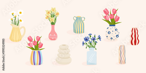 Set of colorful vases with spring flowers. A collection of decorative pots with tulips, daffodils, daisies, and cornflowers. Flat vector illustration for home decor and interior design.