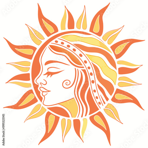 Graceful woman sun face celestial profile design.