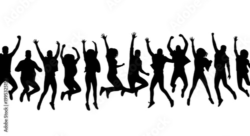 Group of people jumping with arms raised in celebration