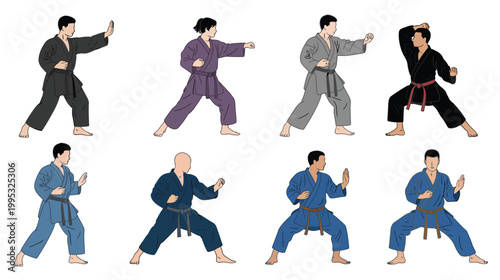 Martial arts practice diverse karate training poses with protectors in colored uniforms vector illustration