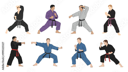 Martial arts practice karate training poses with protective gear in different colored uniforms vector illustration