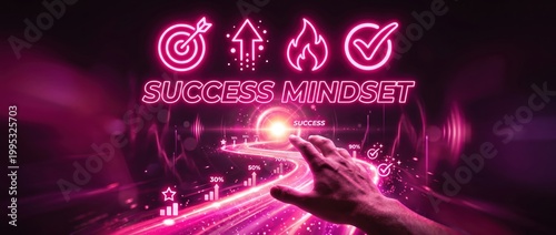 Hand reaching towards glowing success path with neon icons representing goals and achievement