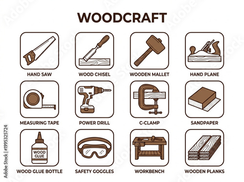 Set of flat design woodworking and carpentry tool icons featuring hand tools, safety gear, and a workbench on a white background for DIY craft projects