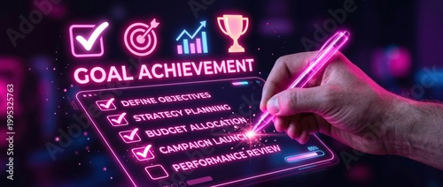 Hand using stylus on digital checklist for goal achievement with neon glow