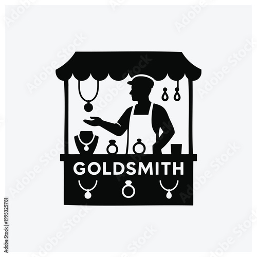 Minimal silhouette logo illustration of a goldsmith at a shop counter.